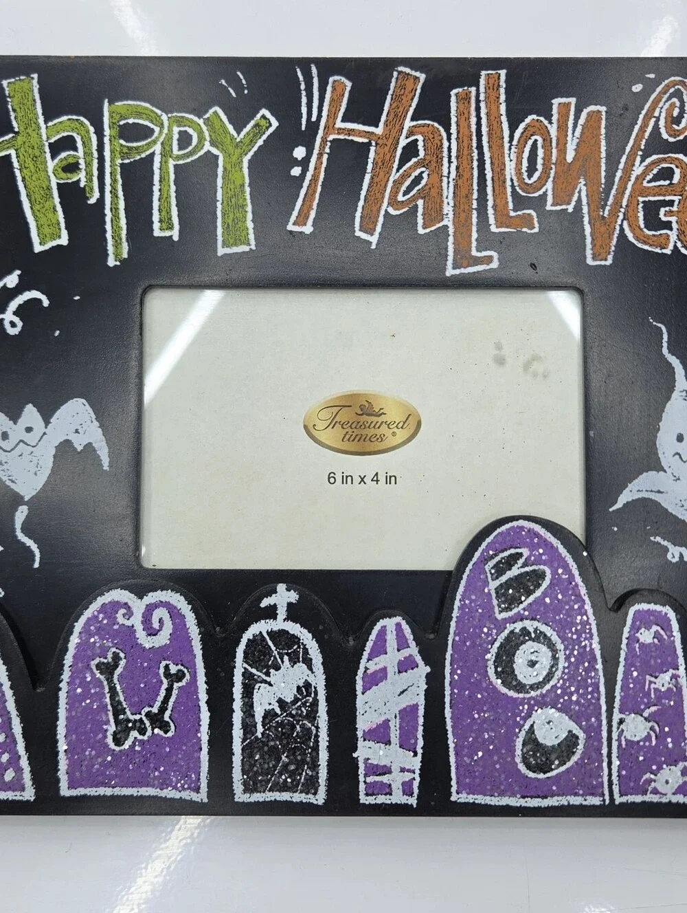 Vintage Halloween Picture Frame 4x6 Treasured Times Spooky Tombstones Ghost Bat
